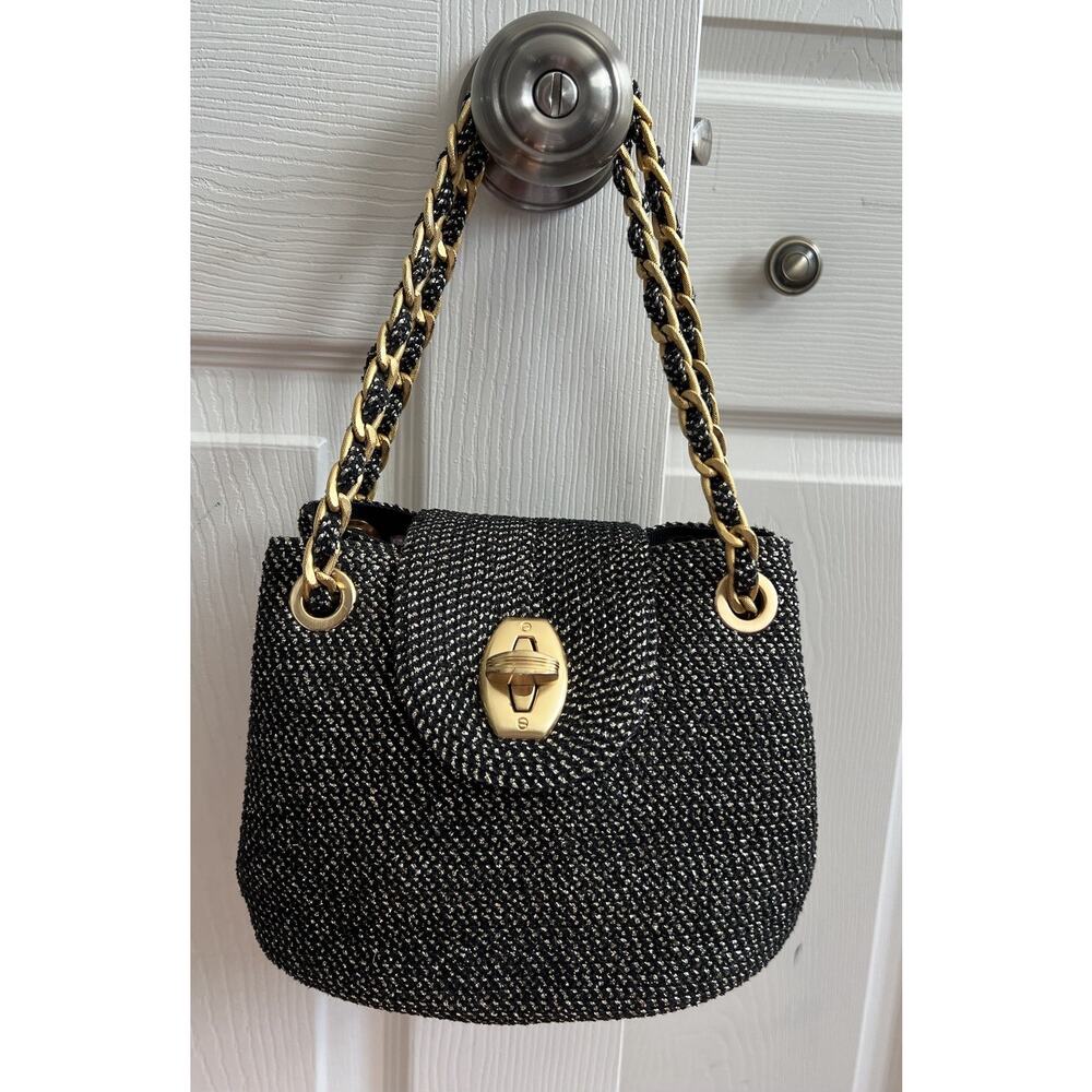 ERIC JAVITS Blk Metallic Squishee Woven Gold Chain Strap Flap Handbag Bag Purse